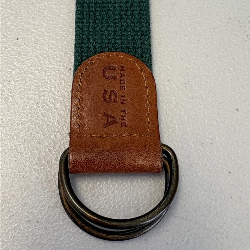 Green Patterned Fabric Strap Belt Leather Accents Sz 36
